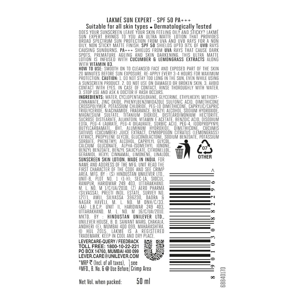 Lakme Sun Expert SPF 50 PA++ Supermatte Lotion, 50 ml, Pack of 1 Lakme Sun Expert SPF 50 PA++ Supermatte Lotion, 50 ml, Pack of 1