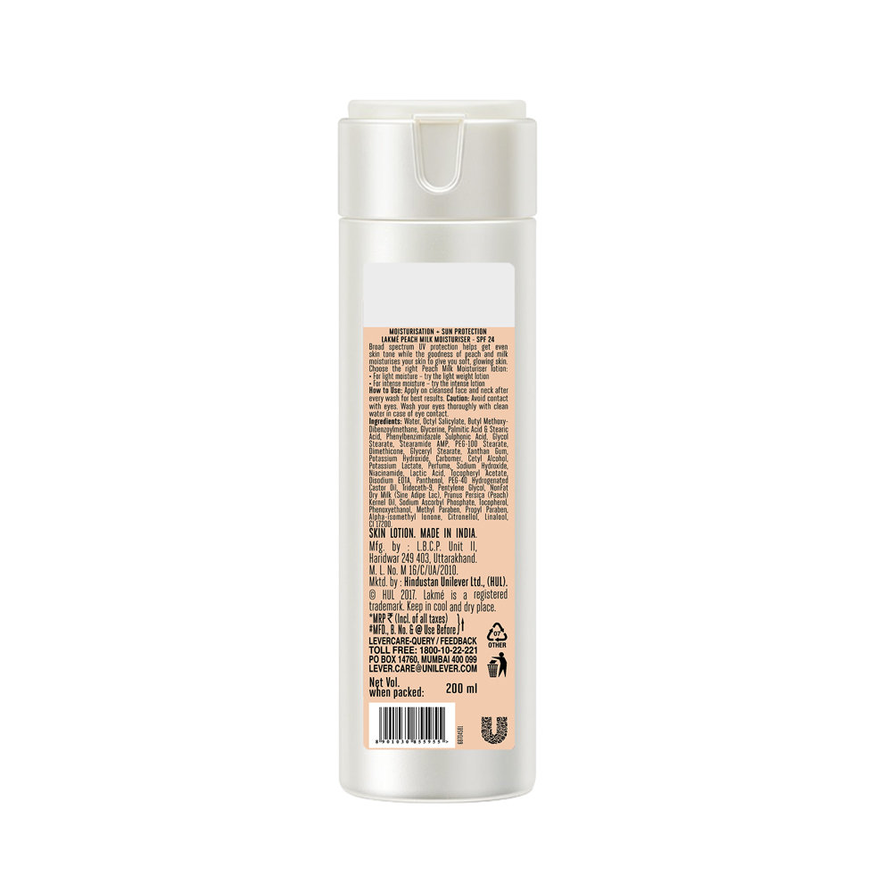 Lakme Peach Milk Intense Moisturiser SPF 24 PA++ UVA-UVB, 200 ml, Pack of 1 Lakme Peach Milk Intense Moisturiser SPF 24 PA++ UVA-UVB, 200 ml, Pack of 1