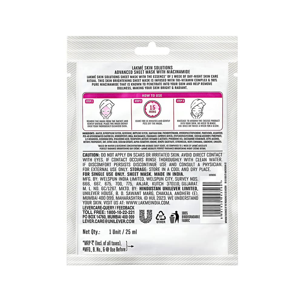 Lakme Skin Solutions Brightening Sheet Mask with Niacinamide, 25 ml ...