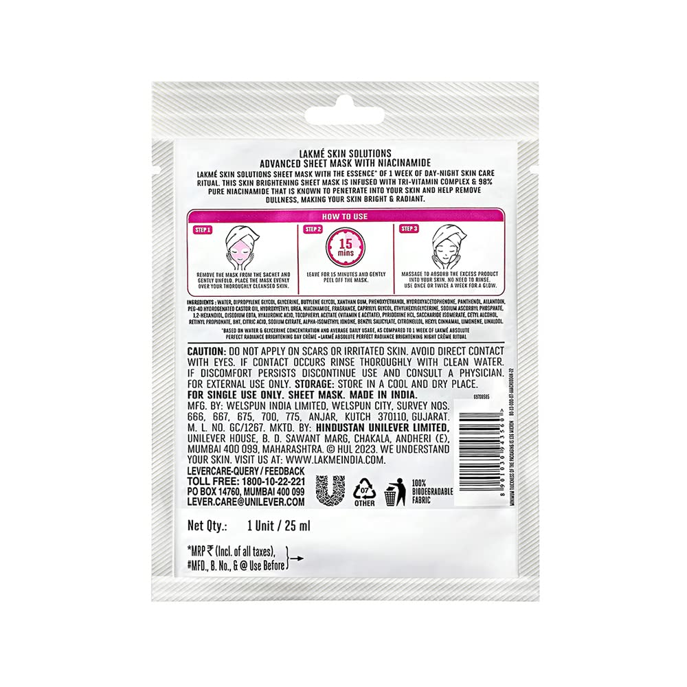 Lakme Skin Solutions Brightening Sheet Mask with Niacinamide, 25 ml, Pack of 1 Lakme Skin Solutions Brightening Sheet Mask with Niacinamide, 25 ml, Pack of 1