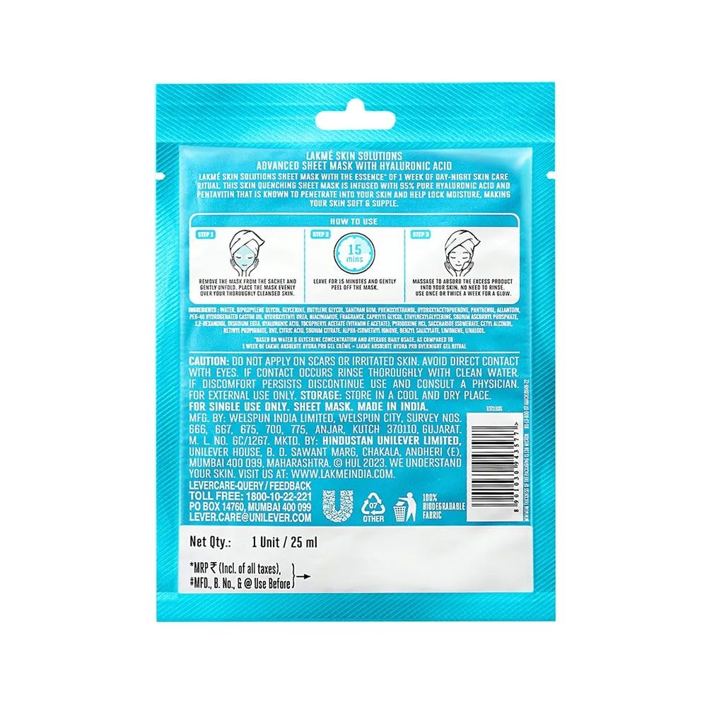 Lakme Skin Solutions Hydrating Sheet Mask with Hyaluronic Acid, 25 ml