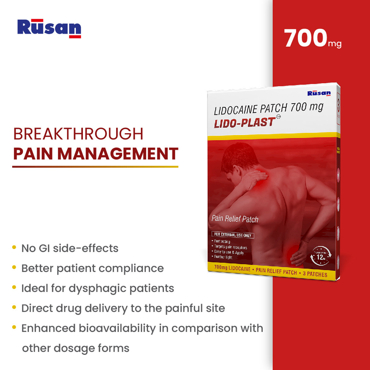 Rusan Lido-Plast 700 mg Pain Relief Patch 3's, Pack of 1 Rusan Lido-Plast 700 mg Pain Relief Patch 3's, Pack of 1