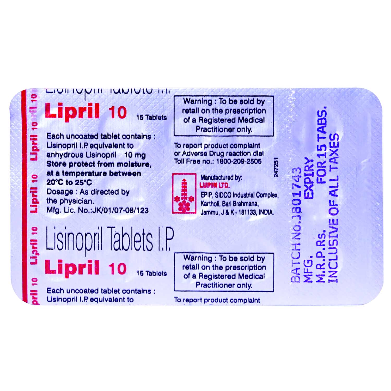 Lipril 10 Tablet 15's, Pack of 15 TABLETS