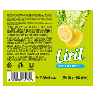 Liril Lemon &amp; Tea Tree Soap, 125 gm (Buy 3 Get 1 Free), Pack of 1