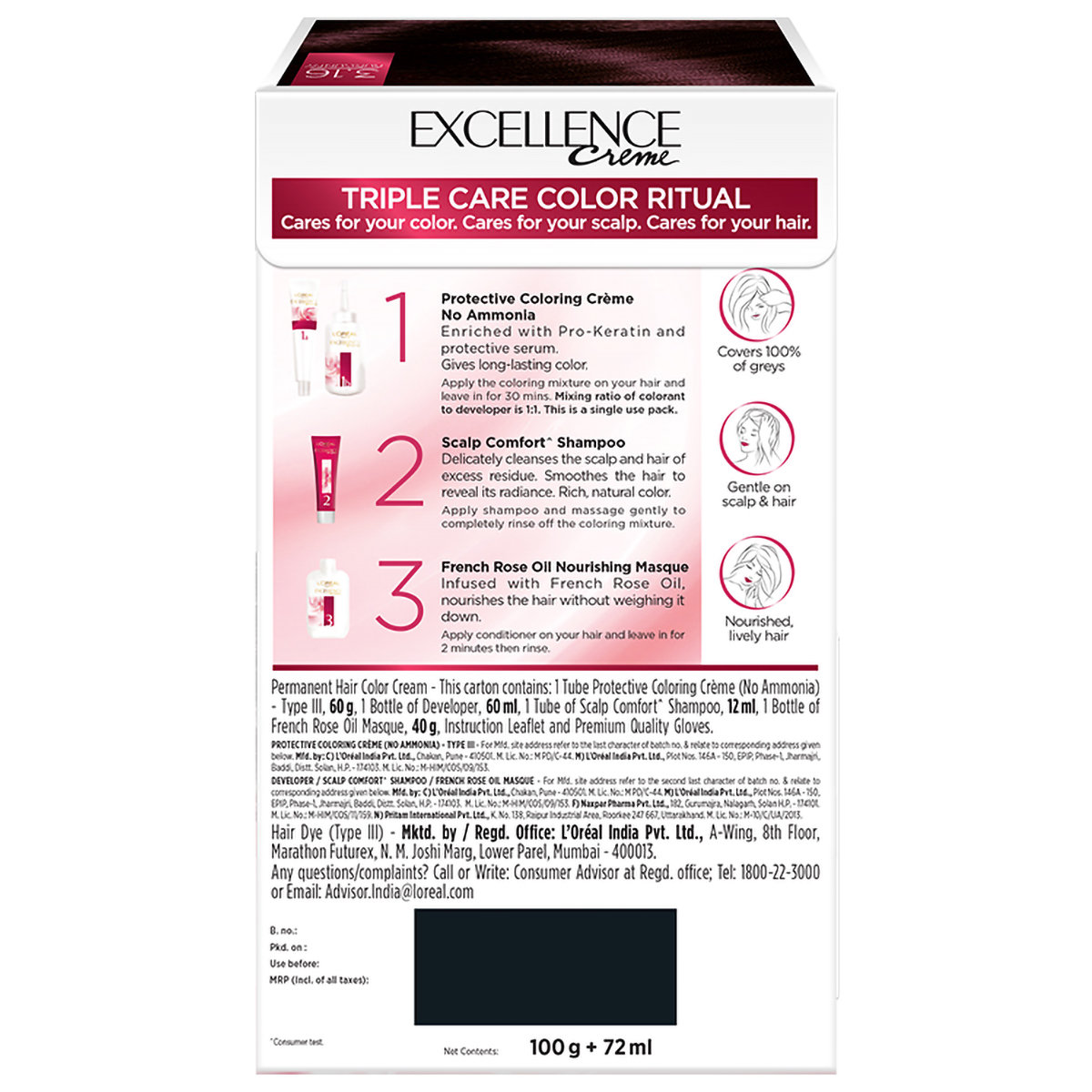 L'Oreal Paris Excellence Creme Hair Color, 3.16 Burgundy, 72 ml+100 gm, Pack of 1 L'Oreal Paris Excellence Creme Hair Color, 3.16 Burgundy, 72 ml+100 gm, Pack of 1