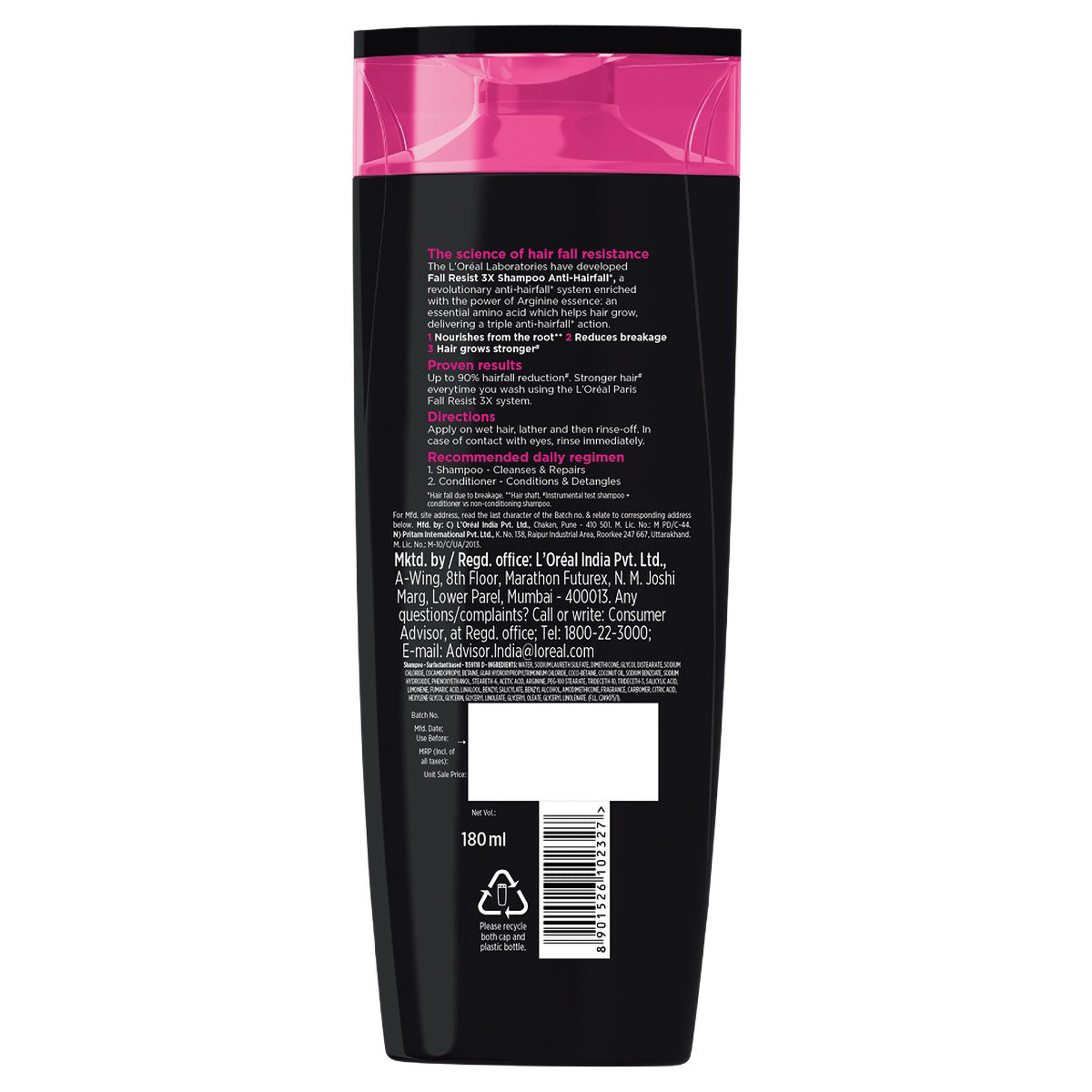 L'Oreal Paris Fall Resist 3X Anti-Hairfall Shampoo, 180 ml, Pack of 1 L'Oreal Paris Fall Resist 3X Anti-Hairfall Shampoo, 180 ml, Pack of 1