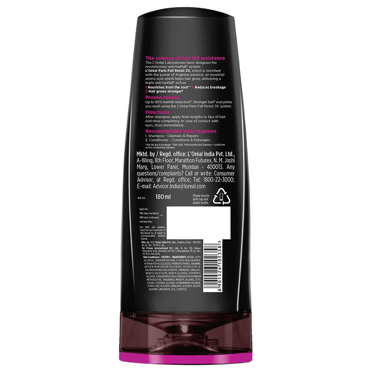 L'Oreal Paris Fall Resist 3X Anti-Hairfall Conditioner, 180 ml, Pack of 1 L'Oreal Paris Fall Resist 3X Anti-Hairfall Conditioner, 180 ml, Pack of 1