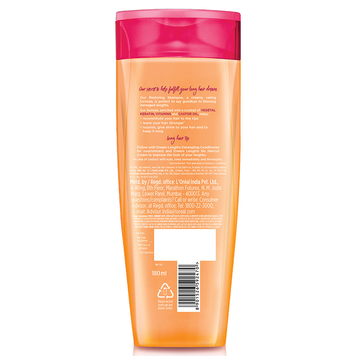 L'Oreal Paris Dream Lengths Shampoo 180 ml, Pack of 1 L'Oreal Paris Dream Lengths Shampoo 180 ml, Pack of 1