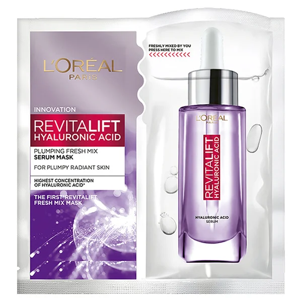 Loreal Paris Revitalift Hyaluronic Acid Plumping Fresh Mix Serum Mask 33 gm | Hyaluronic Acid | Instant Skin Hydration | For Plumpy Radiant Skin, Pack of 1