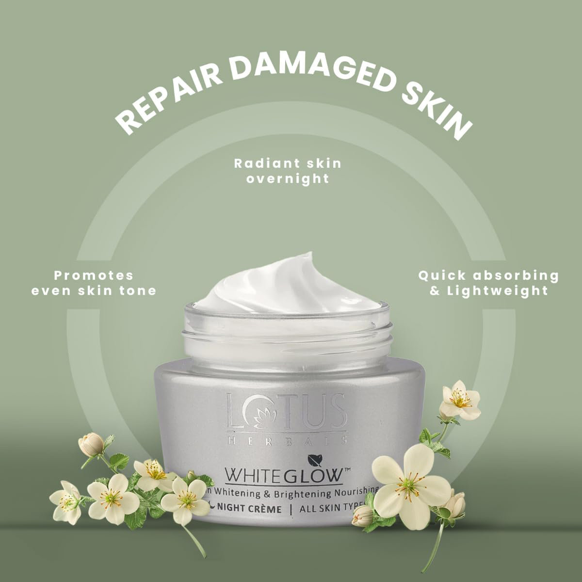 Lotus Herbals White Glow Night Creme 60 gm | Mulberry Extract, Grape Extract, Saxifraga Extracts & Milk Enzymes | Deep Nourishment | For All Skin Type, Pack of 1 Lotus Herbals White Glow Night Creme 60 gm | Mulberry Extract, Grape Extract, Saxifraga Extracts & Milk Enzymes | Deep Nourishment | For All Skin Type, Pack of 1