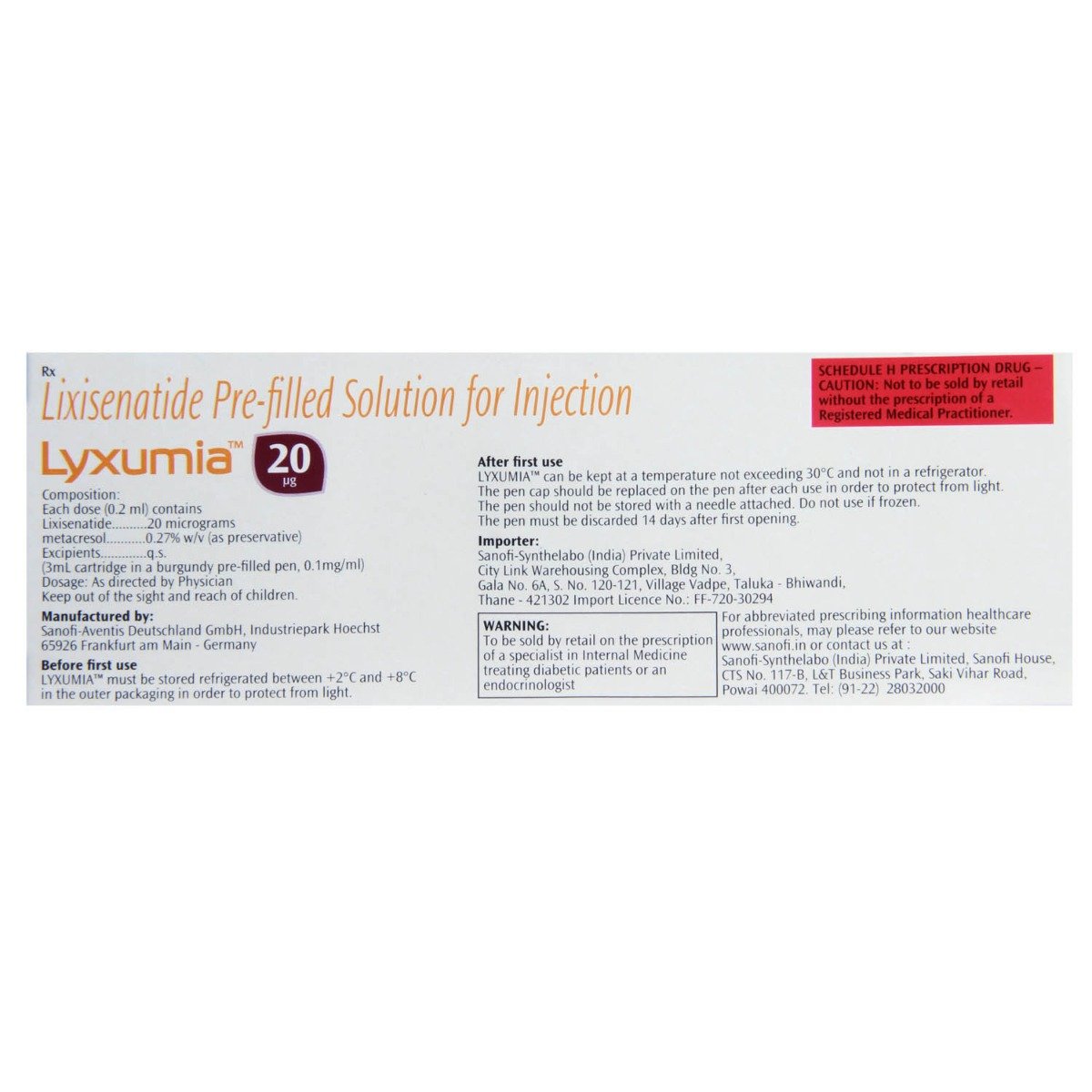 LYXUMIA 20 PRE FILLED PEN INJECTION , Pack of 1 INJECTION LYXUMIA 20 PRE FILLED PEN INJECTION , Pack of 1 INJECTION