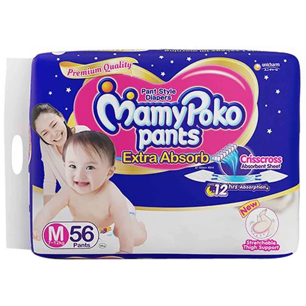 MamyPoko Premium Quality Extra Absorb Diaper Pants Medium, 56 Count, Pack of 1