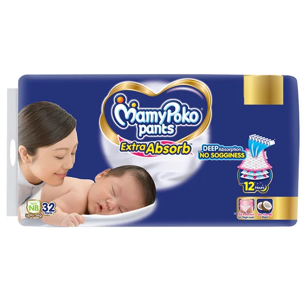 MamyPoko Extra Absorb Diaper Pants New Born, 32 Count, Pack of 1