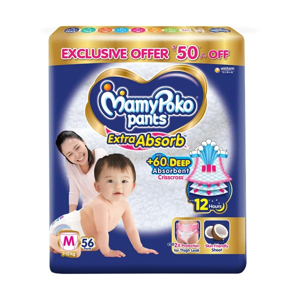 MamyPoko Extra Absorb Diaper Pants Medium, 56 Count, Pack of 1