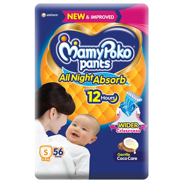 MamyPoko All Night Absorb Diapers Pants Small, 56 Count, Pack of 1