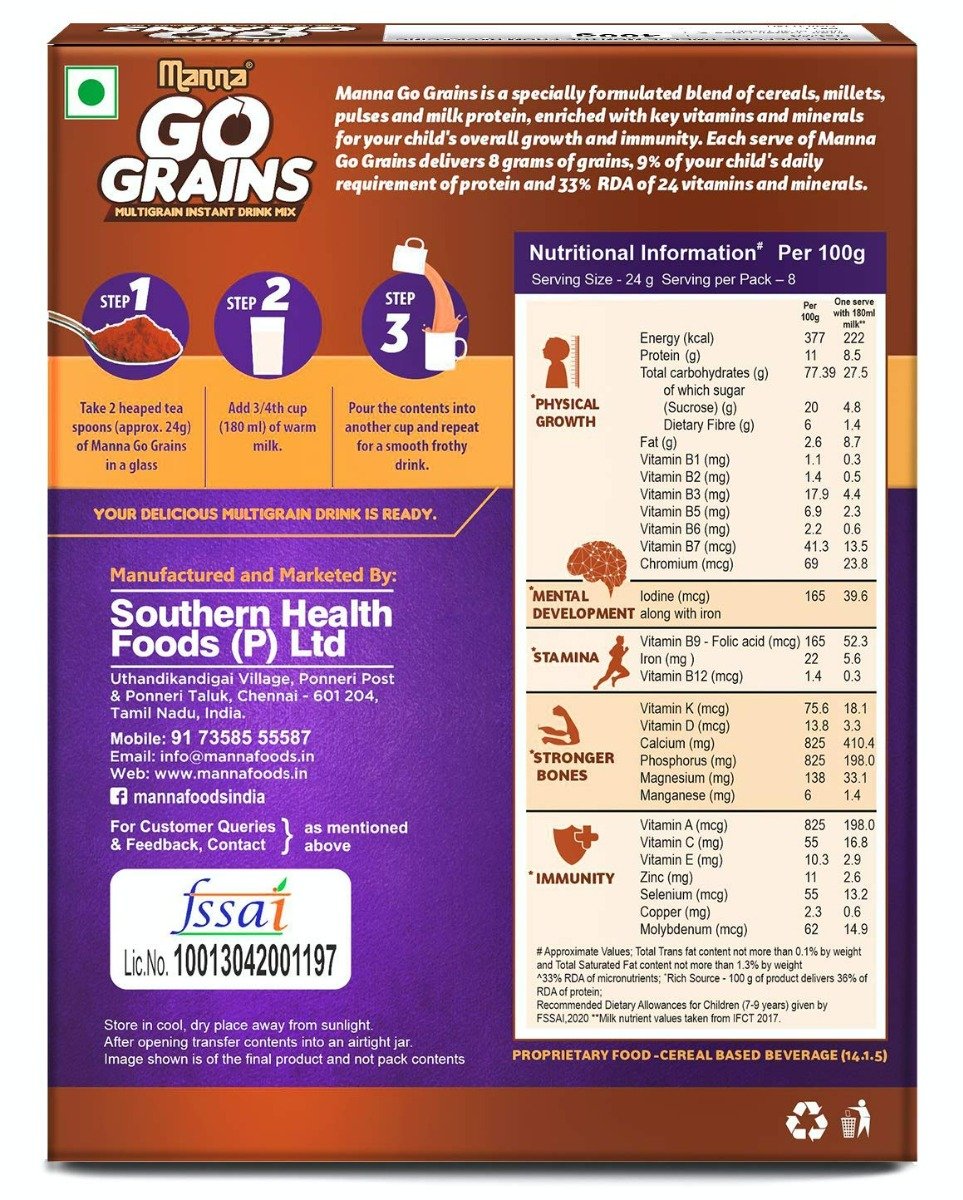 Manna Go Grains Multigrain Chocolate Flavour Powder, 400 gm, Pack of 1 Manna Go Grains Multigrain Chocolate Flavour Powder, 400 gm, Pack of 1