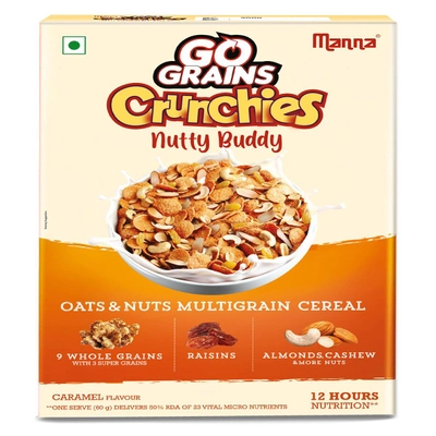 Manna Go Grains Crunchies Caramel Flavour Oats &amp; Nuts Multigrain Cereal, 300 gm, Pack of 1