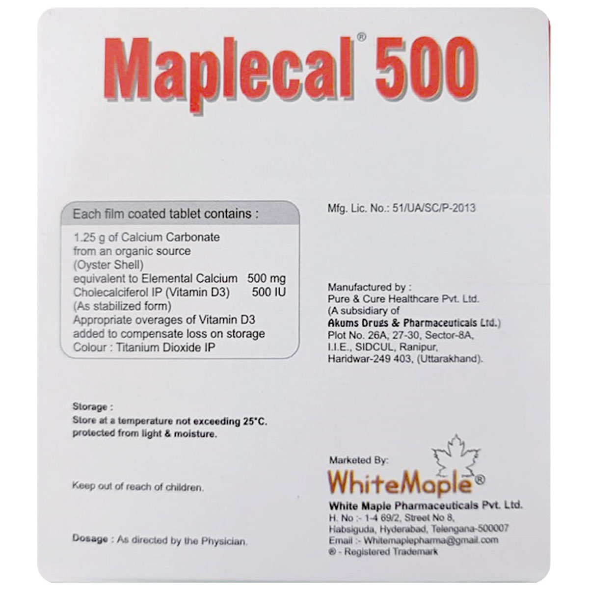 Maplecal 500 Tablet 15's, Pack of 15 Maplecal 500 Tablet 15's, Pack of 15