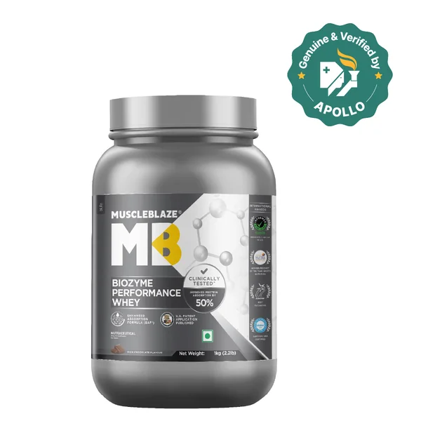 MuscleBlaze Biozyme Performance Whey Protein Rich Chocolate Flavour Powder, 1 kg, Pack of 1