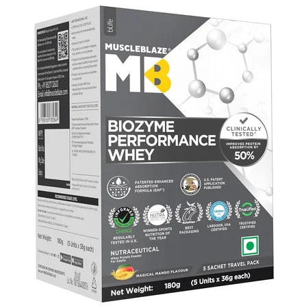 MuscleBlaze Biozyme Performance Whey Magical Mango Flavour Powder, 5x36 gm (180 gm)