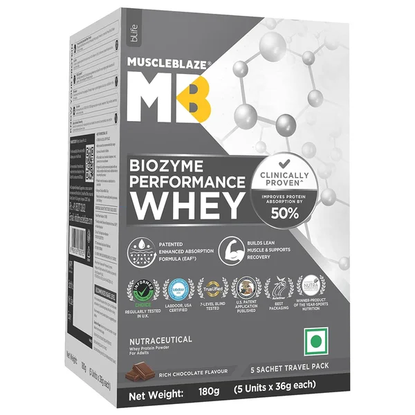 MuscleBlaze Biozyme Performance Whey Rich Chocolate Flavour Powder, 5x36 gm (180 gm), Pack of 1