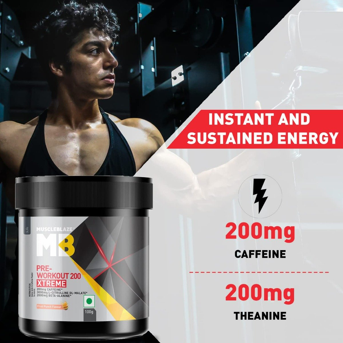 MuscleBlaze Pre Workout 200 Xtreme Fruit Punch Flavour Powder, 100 gm, Pack of 1 MuscleBlaze Pre Workout 200 Xtreme Fruit Punch Flavour Powder, 100 gm, Pack of 1