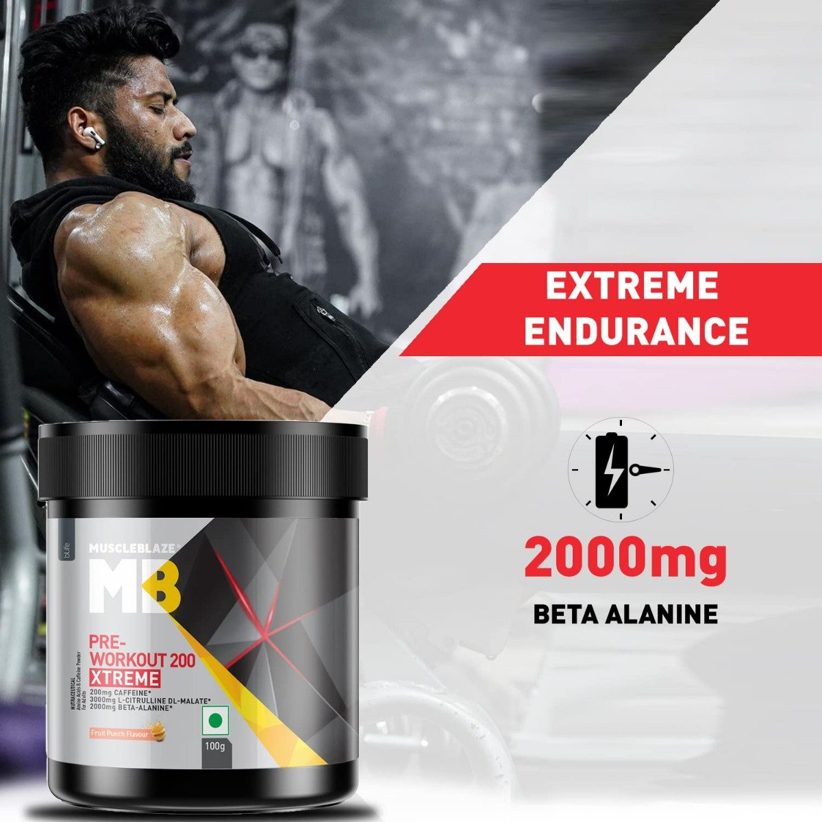 MuscleBlaze Pre Workout 200 Xtreme Fruit Punch Flavour Powder, 100 gm, Pack of 1 MuscleBlaze Pre Workout 200 Xtreme Fruit Punch Flavour Powder, 100 gm, Pack of 1