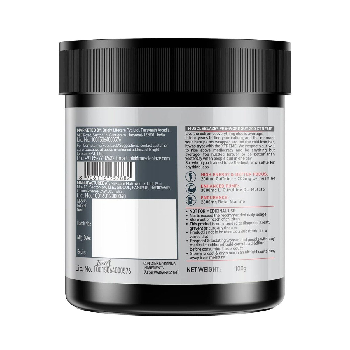 MuscleBlaze Pre Workout 200 Xtreme Fruit Punch Flavour Powder, 100 gm, Pack of 1 MuscleBlaze Pre Workout 200 Xtreme Fruit Punch Flavour Powder, 100 gm, Pack of 1