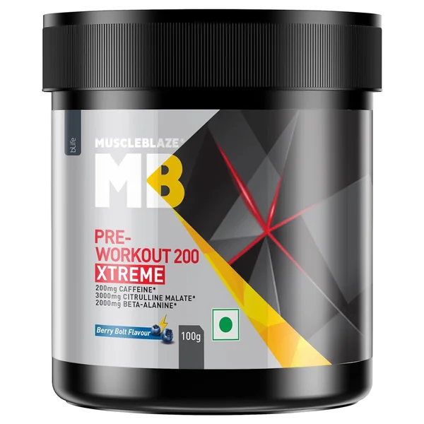 MuscleBlaze Pre Workout 200 Xtreme Berry Bolt Flavour Powder,100 gm