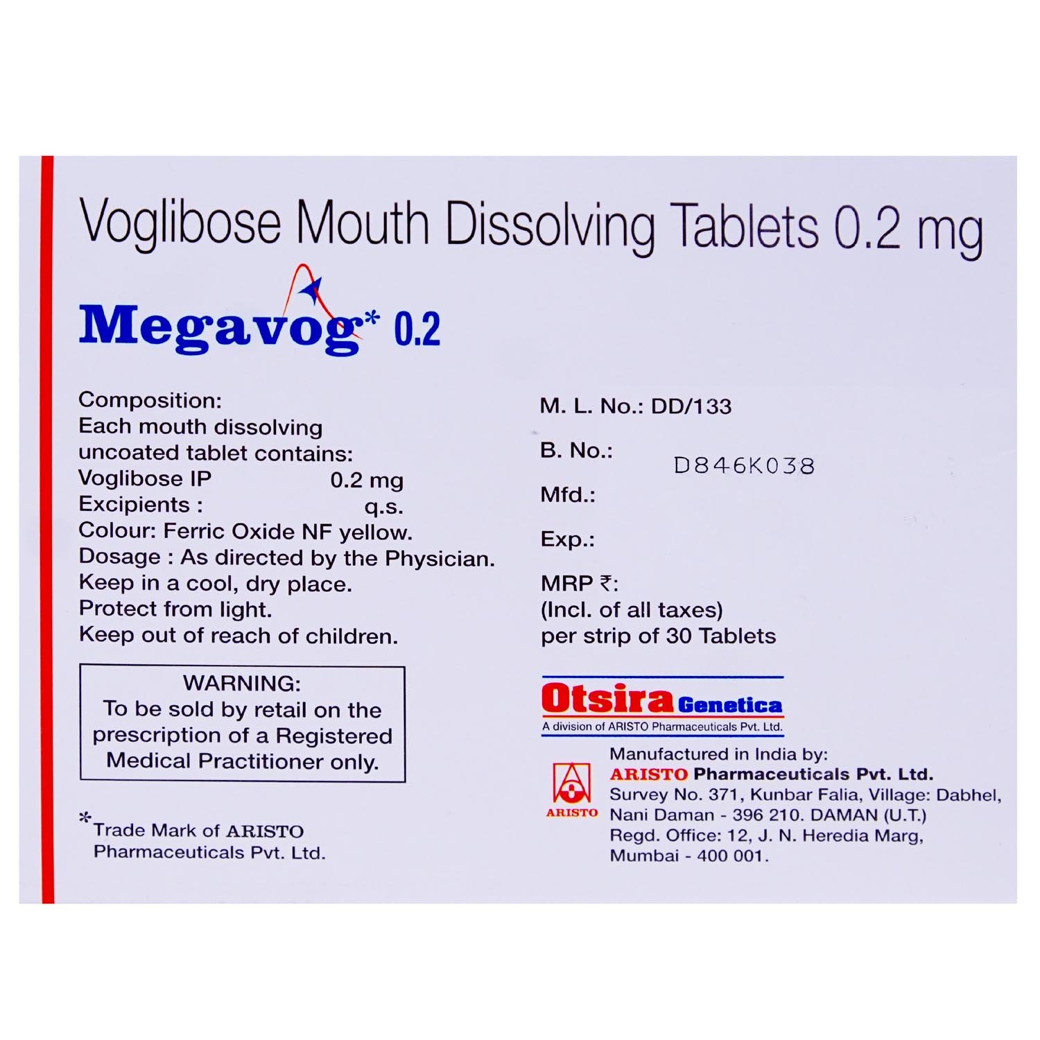 Megavog 0.2 Tablet 30's, Pack of 30 TABLETS Megavog 0.2 Tablet 30's, Pack of 30 TABLETS