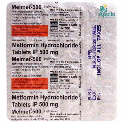 Melmet 500 Tablet 20's, Pack of 20 TABLETS