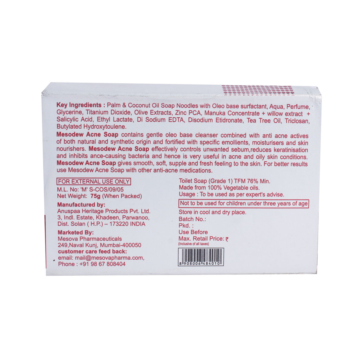 Mesodew Acne Soap 75 gm, Pack of 1 Mesodew Acne Soap 75 gm, Pack of 1