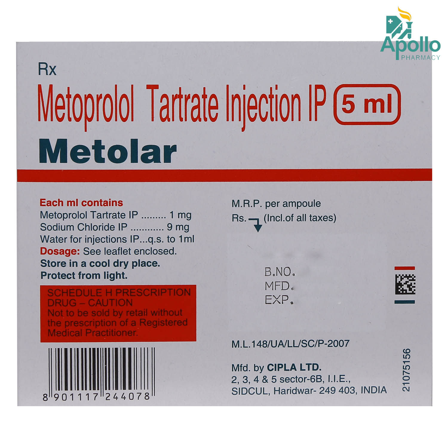 Buy Metolar Injection 5 ml online | Uses, Side Effects, Price and ...