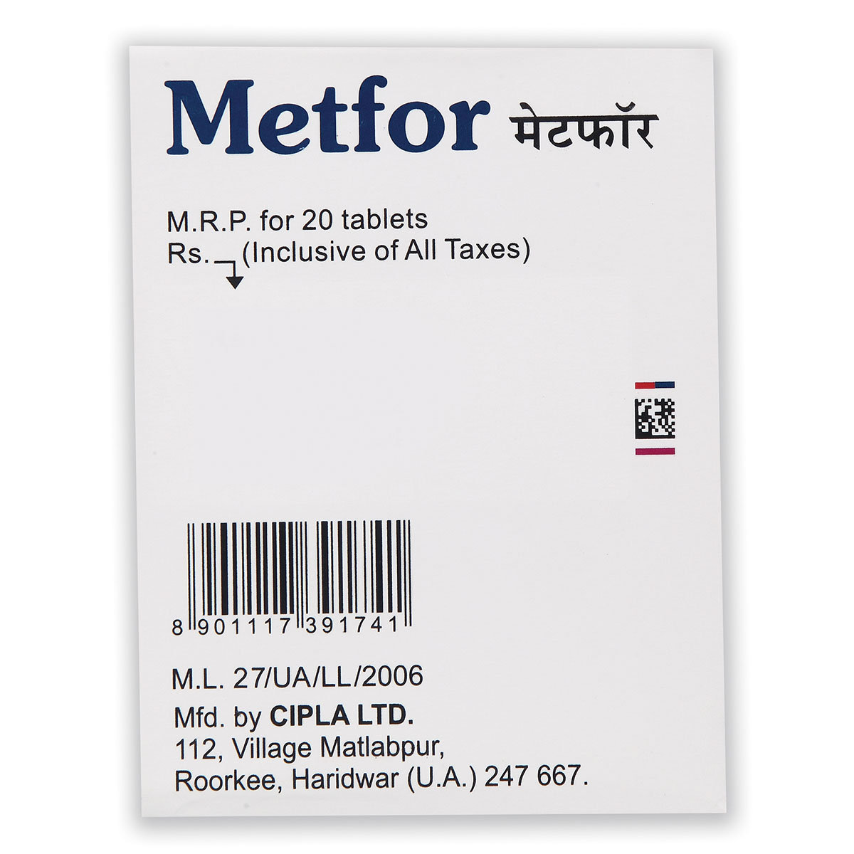Metfor 500 mg Tablet 20's, Pack of 20 TABLETS Metfor 500 mg Tablet 20's, Pack of 20 TABLETS
