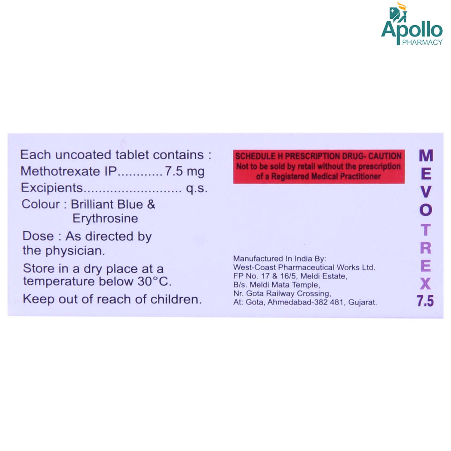 Mevotrex 7.5 mg Tablet 10's, Pack of 10 TabletS Mevotrex 7.5 mg Tablet 10's, Pack of 10 TabletS