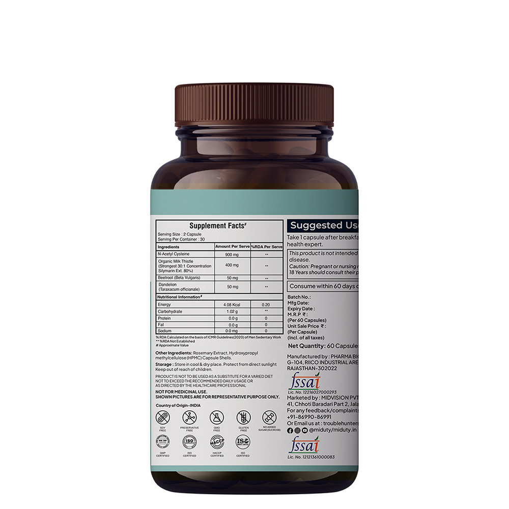 Miduty Liver Detox Milk Thistle With NAC 900mg For Fatty Liver Pigmentation Detox, 60 Capsules, Pack of 1 Miduty Liver Detox Milk Thistle With NAC 900mg For Fatty Liver Pigmentation Detox, 60 Capsules, Pack of 1