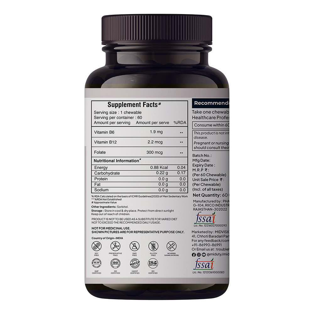 Miduty Vitamin B12 Methyl Folate Fast Absorption Methylcoblamin Vitamin B6, 60 Chewable, Pack of 1 Miduty Vitamin B12 Methyl Folate Fast Absorption Methylcoblamin Vitamin B6, 60 Chewable, Pack of 1