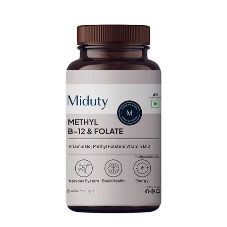 Miduty Vitamin B12 Methyl Folate Fast Absorption Methylcoblamin Vitamin B6, 60 Chewable