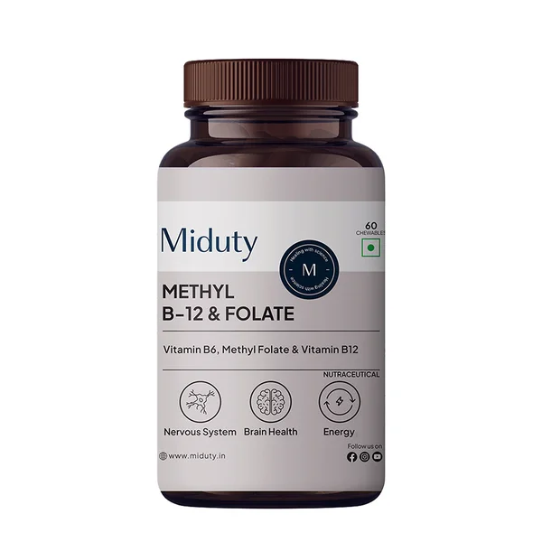 Miduty Vitamin B12 Methyl Folate Fast Absorption Methylcoblamin Vitamin B6, 60 Chewable, Pack of 1