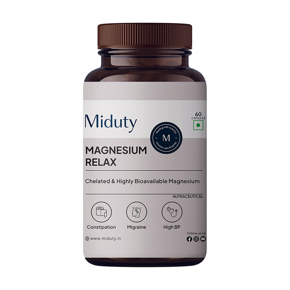 Miduty Magnesium Relax Chelated Migraine High BP Constipation Magnesium Bisglycinate, 60 Capsules, Pack of 1 Miduty Magnesium Relax Chelated Migraine High BP Constipation Magnesium Bisglycinate, 60 Capsules, Pack of 1