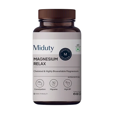 Miduty Magnesium Relax Chelated Migraine High BP Constipation Magnesium Bisglycinate, 60 Capsules