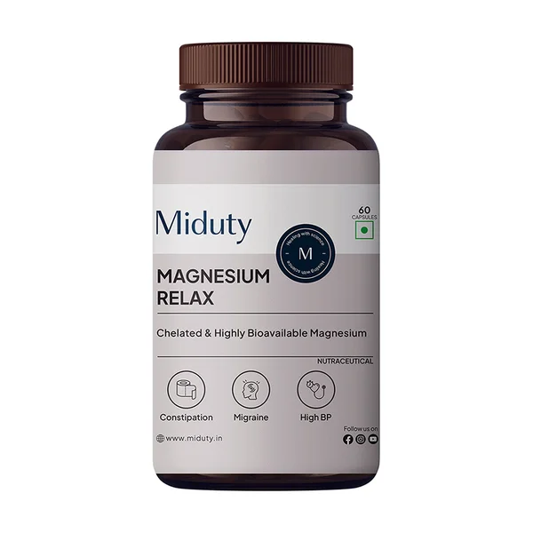 Miduty Magnesium Relax Chelated Migraine High BP Constipation Magnesium Bisglycinate, 60 Capsules, Pack of 1