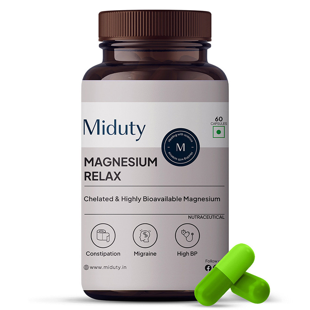 Miduty Magnesium Relax Chelated Migraine High BP Constipation Magnesium Bisglycinate, 60 Capsules, Pack of 1 Miduty Magnesium Relax Chelated Migraine High BP Constipation Magnesium Bisglycinate, 60 Capsules, Pack of 1