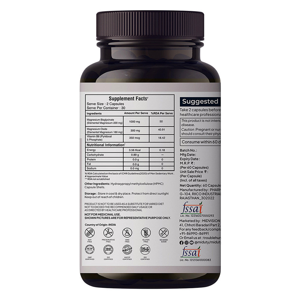Miduty Magnesium Relax Chelated Migraine High BP Constipation Magnesium Bisglycinate, 60 Capsules, Pack of 1 Miduty Magnesium Relax Chelated Migraine High BP Constipation Magnesium Bisglycinate, 60 Capsules, Pack of 1