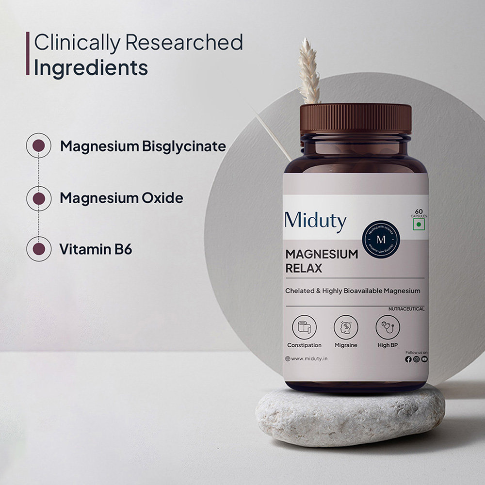 Miduty Magnesium Relax Chelated Migraine High BP Constipation Magnesium Bisglycinate, 60 Capsules, Pack of 1 Miduty Magnesium Relax Chelated Migraine High BP Constipation Magnesium Bisglycinate, 60 Capsules, Pack of 1