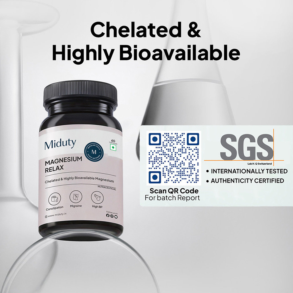 Miduty Magnesium Relax Chelated Migraine High BP Constipation Magnesium Bisglycinate, 60 Capsules, Pack of 1 Miduty Magnesium Relax Chelated Migraine High BP Constipation Magnesium Bisglycinate, 60 Capsules, Pack of 1