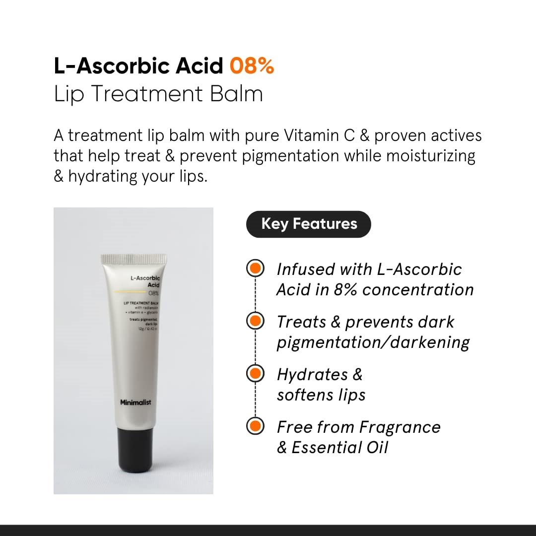 Minimalist 08% L-Ascorbic Acid Lip Treatment Balm 12 gm | Treats and Nourishes Dark Lips, Pack of 1 Minimalist 08% L-Ascorbic Acid Lip Treatment Balm 12 gm | Treats and Nourishes Dark Lips, Pack of 1