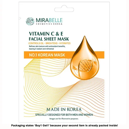 Mirabelle Korea Vitamin C & E Facial Sheet Mask, Pack of 2  (Buy 1 Get 1 Free Included)