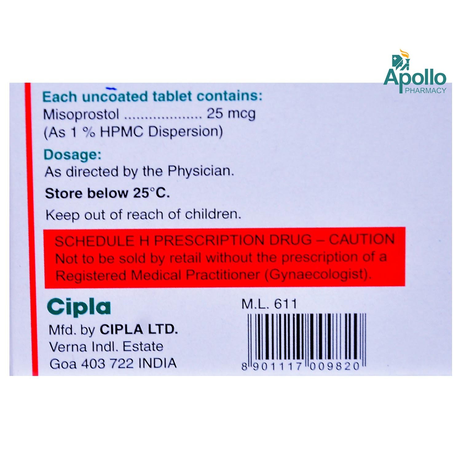 MISOPROST 25MG TABLET, Pack of 4 TABLETS MISOPROST 25MG TABLET, Pack of 4 TABLETS