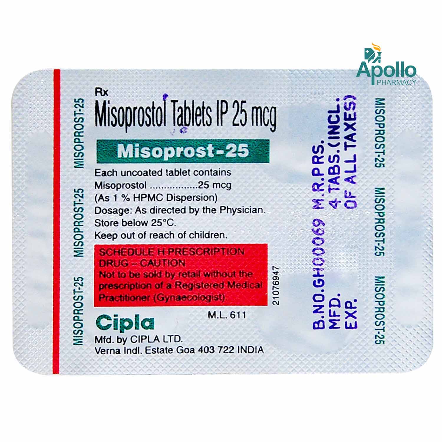 MISOPROST 25MG TABLET, Pack of 4 TABLETS MISOPROST 25MG TABLET, Pack of 4 TABLETS